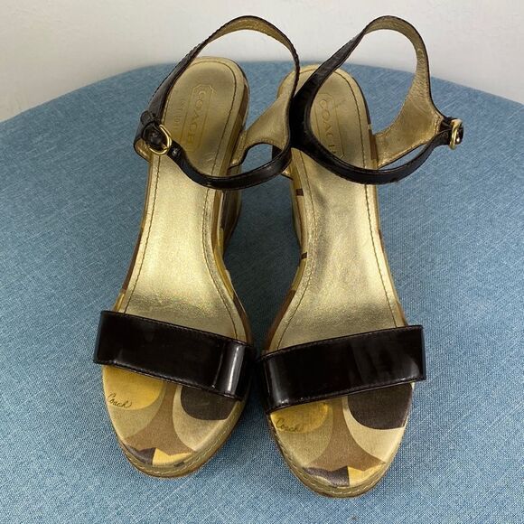 Coach Black Monogram Scribble Klara Wedge Sandals size 9.5 B - Picture 1 of 10